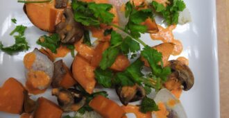 Roasted Sweet Potato, Onion, and Mushroom Salad with Smoky Red Pepper Dressing