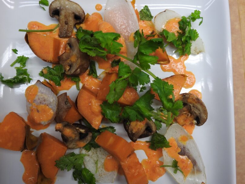 Roasted Sweet Potato, Onion, and Mushroom Salad with Smoky Red Pepper Dressing